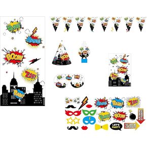 يقدم 30 حزمة كاملة للحفلات ذات طابع البطل الخارق وقبعات حفلات أعياد الميلاد وأقنعة العين وحقائب علاجية 20 قطعة من صور الدعائم DIY و14 دوامة و2 لافتة راية خلفية مثالية لحفلة عيد ميلاد البطل الخارق in Kuwait