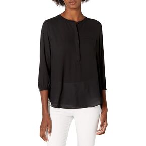 NYDJ Women's Solid 3/4 Sleeve Henley Pleat Back Blouse in Saudi Arabia