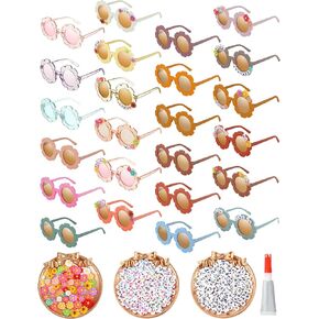 Cindeer 24 Pairs Flower Sunglasses Kids DIY Round Boho Flower Sunglasses Set Includes 100 Pcs Daisy Charm 416 Letter Beads and Glue for Kid Girls Party Favors Gifts Supplies