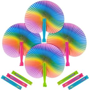 ArtCreativity Rainbow Folding Fans Set - Pack of 12 - With Plastic Shafts - Colorful Handheld Paper Fan - Hot New Party Favor and Prize - Summer Fan Fun Novelties and Gifts for Kids Ages 3+