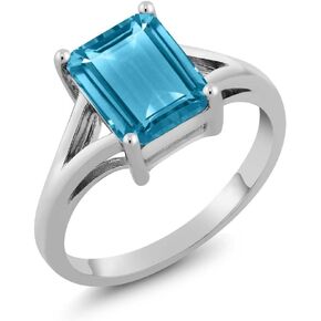 Gem Stone King 925 Sterling Silver Swiss Blue Topaz Solitaire Engagement Ring For Women (3.20 Cttw, Emerald Cut 9X7MM, Gemstone November Birthstone, Available in Size 5,6,7,8,9)