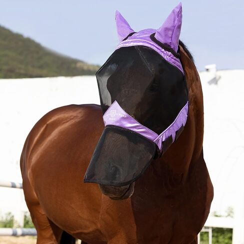 Harrison Howard Pro Luminous Horse Full Face Fly Mask Large Eye Space Long Nose with Ears UV Protection for Horse Coral Orange S in Kuwait