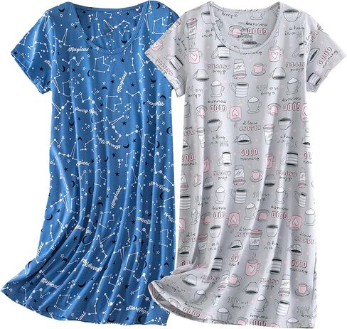 PNAEONG 2 Pack Nightgowns for Women Short Sleeves Sleepwear Plain/Color Print Pajama Dress in Saudi Arabia