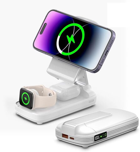 شاحن متنقل DOKYW بقدرة 10000 مللي أمبير في الساعة لسلسلة iPhone 15/14/13/12 وساعة Apple وAirpods، قاعدة شحن 3 في 1 لأجهزة Apple، حزمة بطارية لهاتف iPhone، قابلة للطي، أبيض in Kuwait