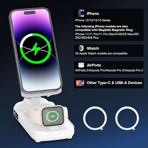 شاحن متنقل DOKYW بقدرة 10000 مللي أمبير في الساعة لسلسلة iPhone 15/14/13/12 وساعة Apple وAirpods، قاعدة شحن 3 في 1 لأجهزة Apple، حزمة بطارية لهاتف iPhone، قابلة للطي، أبيض in Kuwait