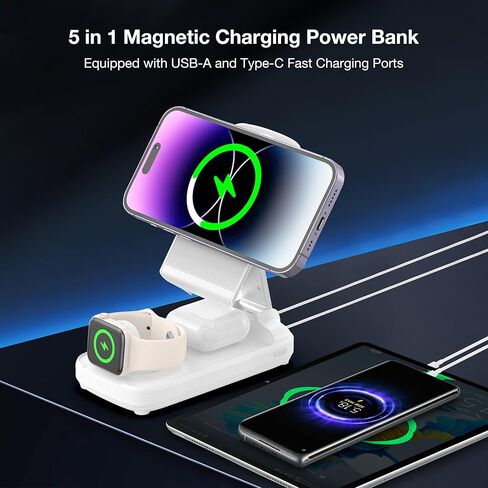 شاحن متنقل DOKYW بقدرة 10000 مللي أمبير في الساعة لسلسلة iPhone 15/14/13/12 وساعة Apple وAirpods، قاعدة شحن 3 في 1 لأجهزة Apple، حزمة بطارية لهاتف iPhone، قابلة للطي، أبيض in Kuwait