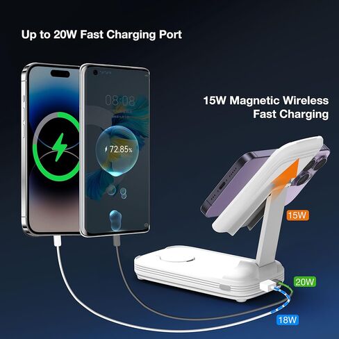 شاحن متنقل DOKYW بقدرة 10000 مللي أمبير في الساعة لسلسلة iPhone 15/14/13/12 وساعة Apple وAirpods، قاعدة شحن 3 في 1 لأجهزة Apple، حزمة بطارية لهاتف iPhone، قابلة للطي، أبيض in Kuwait