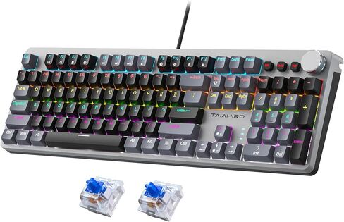لوحة مفاتيح ميكانيكية للألعاب، لوحة مفاتيح كاملة الحجم بإضاءة خلفية RGB 104 مفاتيح مع مقبض للوسائط المتعددة، أغطية مفاتيح مزدوجة، مقاومة كاملة للظلال، لوحة مفاتيح كمبيوتر سلكية بمفتاح أزرق لأجهزة Windows PC Mac Xbox Gamer in Kuwait