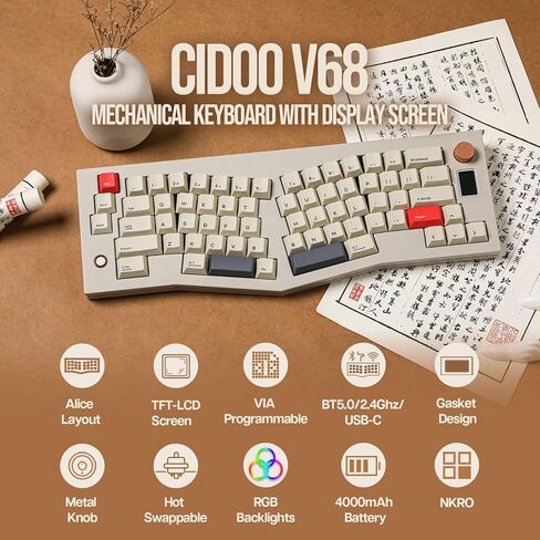 لوحة مفاتيح CIDOO V68 Alice Layout للألعاب المصنوعة من الألومنيوم، لوحة مفاتيح ميكانيكية حشية مع شاشة عرض TFT-LCD، قابلة للبرمجة عبر VIA، لوحة مفاتيح مخصصة BT5.0/2.4 جيجا هرتز/USB-C مع أغطية مفاتيح PBT لنظام Win/Mac in Kuwait