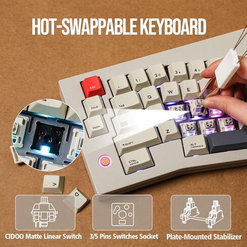 لوحة مفاتيح CIDOO V68 Alice Layout للألعاب المصنوعة من الألومنيوم، لوحة مفاتيح ميكانيكية حشية مع شاشة عرض TFT-LCD، قابلة للبرمجة عبر VIA، لوحة مفاتيح مخصصة BT5.0/2.4 جيجا هرتز/USB-C مع أغطية مفاتيح PBT لنظام Win/Mac in Kuwait