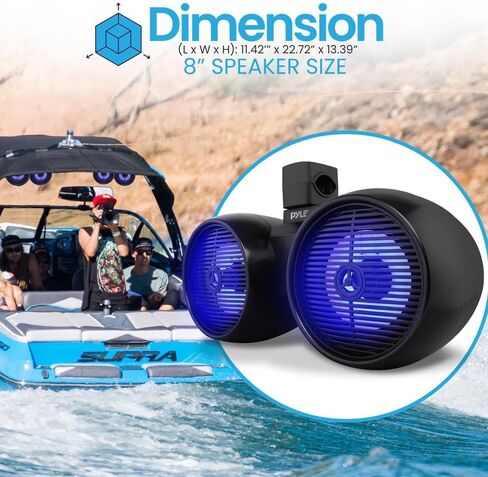 Pyle Dual Waterproof Off-Road Speakers - 8" 300W 2-Way Marine Wakeboard Tower Sound System w/LED Light, Full Range Outdoor Stereo Speaker for Car, ATV, UTV, Jeep, Boat, includes Brackets (Black) in Kuwait