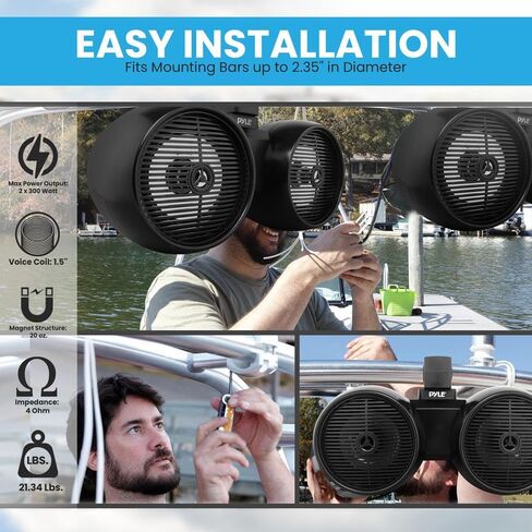 Pyle Dual Waterproof Off-Road Speakers - 8" 300W 2-Way Marine Wakeboard Tower Sound System w/LED Light, Full Range Outdoor Stereo Speaker for Car, ATV, UTV, Jeep, Boat, includes Brackets (Black) in Kuwait