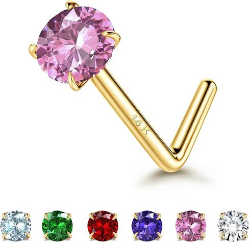 حلقات أنف من الذهب الحقيقي عيار 14 قيراط من LOYALLOOK، 20 جرام 18 جرام، حلقات أنف ذهبية على شكل حرف L، دائرية CZ مقلدة، مسمار أنف ماسي لا يسبب الحساسية للنساء، 3 مم in Saudi Arabia