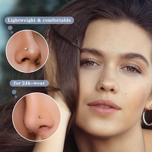 حلقات أنف من الذهب الحقيقي عيار 14 قيراط من LOYALLOOK، 20 جرام 18 جرام، حلقات أنف ذهبية على شكل حرف L، دائرية CZ مقلدة، مسمار أنف ماسي لا يسبب الحساسية للنساء، 3 مم in Saudi Arabia