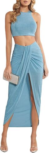 WDIRARA Women's 2 Piece Elegant Outfits Crop Tank Top and Slit Ruched Pencil Skirt Set in Saudi Arabia
