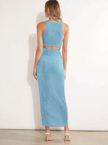 WDIRARA Women's 2 Piece Elegant Outfits Crop Tank Top and Slit Ruched Pencil Skirt Set in Saudi Arabia