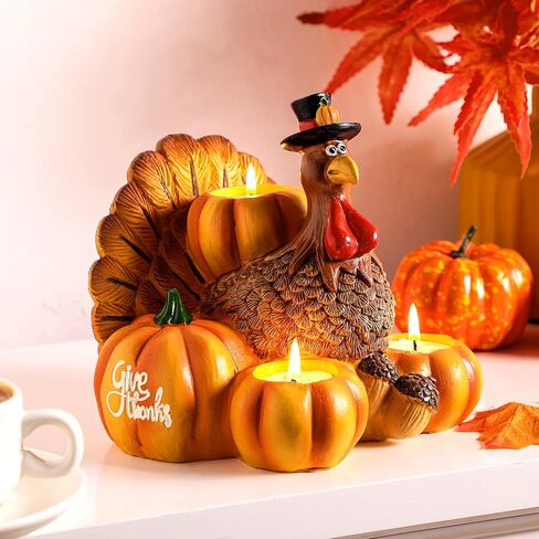 Thanksgiving Turkey Candle Holder Resin Pumpkin Turkey Tea Light Candle Holders Figurine Thanksgiving Decor for Fall Table Candleholder Centerpiece with Pumpkin Candle Holders, Candles Not Included in Saudi Arabia