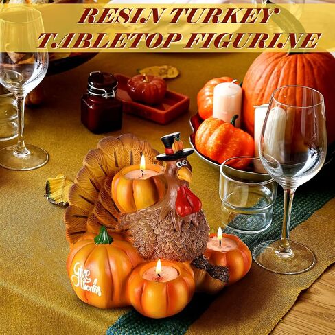 Thanksgiving Turkey Candle Holder Resin Pumpkin Turkey Tea Light Candle Holders Figurine Thanksgiving Decor for Fall Table Candleholder Centerpiece with Pumpkin Candle Holders, Candles Not Included in Saudi Arabia
