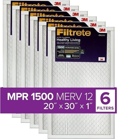 Filtrete 20x30x1 AC Furnace Air Filter, MERV 12, MPR 1500, CERTIFIED asthma & allergy friendly, 3 Month Pleated 1-Inch Electrostatic Air Cleaning Filter, 6-Pack (Actual Size 19.81x29.81x0.78 in) in Saudi Arabia