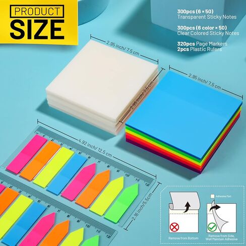 ملاحظات لاصقة شفافة من LEOBRO مقاس 3 × 3 بوصات، 600 ورقة و12 وسادة ملونة ذاتية اللصق، مذكرة ذاتية اللصق مقاومة للماء، ملاحظات لاصقة متنوعة، ملاحظات لاصقة فائقة الشفافية in Kuwait