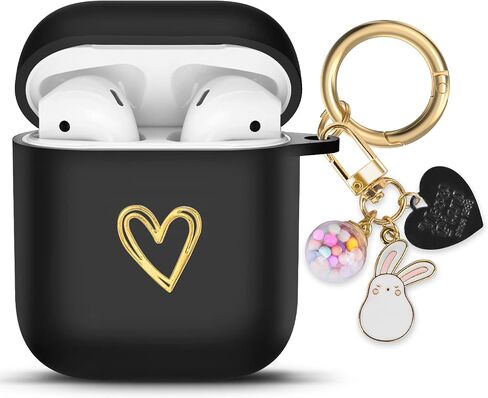 حافظة Aiiko Airpod مع سلسلة مفاتيح على شكل قلب ذهبي لطيف على شكل كرة محظوظ لأجهزة Apple AirPods الجيل الثاني من حافظة الشحن الناعمة من مادة TPU غطاء مقاوم للصدمات حافظة Air Pods للفتيات والنساء باللون الأسود in Saudi Arabia