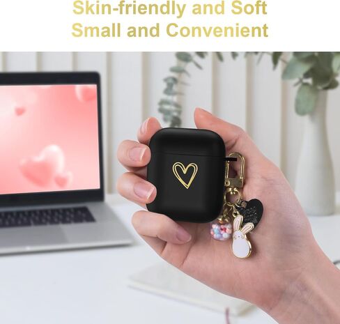 حافظة Aiiko Airpod مع سلسلة مفاتيح على شكل قلب ذهبي لطيف على شكل كرة محظوظ لأجهزة Apple AirPods الجيل الثاني من حافظة الشحن الناعمة من مادة TPU غطاء مقاوم للصدمات حافظة Air Pods للفتيات والنساء باللون الأسود in Saudi Arabia