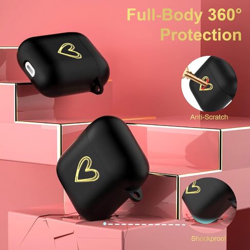 حافظة Aiiko Airpod مع سلسلة مفاتيح على شكل قلب ذهبي لطيف على شكل كرة محظوظ لأجهزة Apple AirPods الجيل الثاني من حافظة الشحن الناعمة من مادة TPU غطاء مقاوم للصدمات حافظة Air Pods للفتيات والنساء باللون الأسود in Saudi Arabia