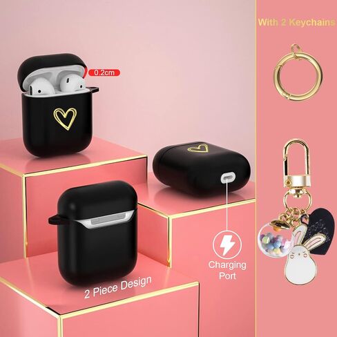 حافظة Aiiko Airpod مع سلسلة مفاتيح على شكل قلب ذهبي لطيف على شكل كرة محظوظ لأجهزة Apple AirPods الجيل الثاني من حافظة الشحن الناعمة من مادة TPU غطاء مقاوم للصدمات حافظة Air Pods للفتيات والنساء باللون الأسود in Saudi Arabia