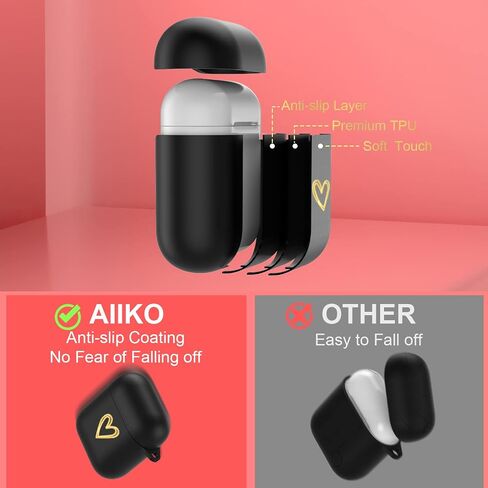 حافظة Aiiko Airpod مع سلسلة مفاتيح على شكل قلب ذهبي لطيف على شكل كرة محظوظ لأجهزة Apple AirPods الجيل الثاني من حافظة الشحن الناعمة من مادة TPU غطاء مقاوم للصدمات حافظة Air Pods للفتيات والنساء باللون الأسود in Saudi Arabia