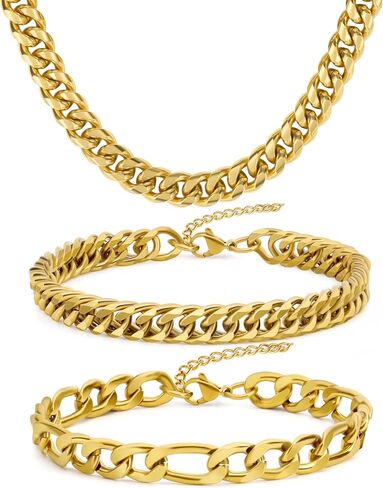 3PCS Cuban Link Figaro Bracelet Necklace for Men, Silver Gold Black Sturdy 316L Stainless Steel Cuban Link Figaro Chain with 2-inch Jewelry Set with Gift Message Card 8mm in Saudi Arabia