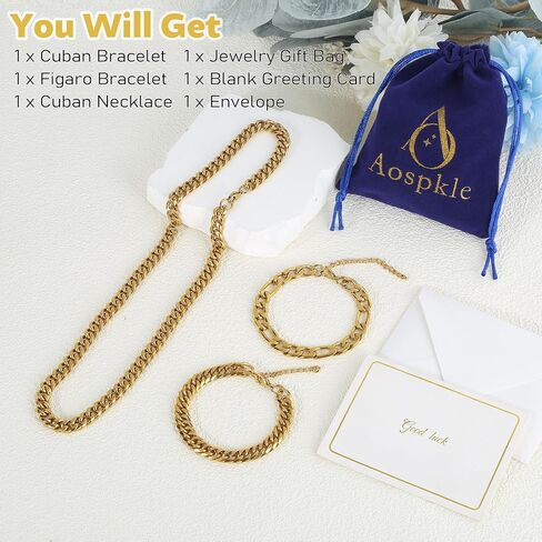 3PCS Cuban Link Figaro Bracelet Necklace for Men, Silver Gold Black Sturdy 316L Stainless Steel Cuban Link Figaro Chain with 2-inch Jewelry Set with Gift Message Card 8mm in Saudi Arabia