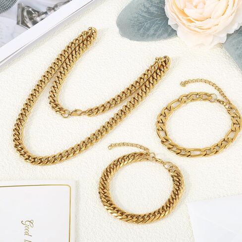 3PCS Cuban Link Figaro Bracelet Necklace for Men, Silver Gold Black Sturdy 316L Stainless Steel Cuban Link Figaro Chain with 2-inch Jewelry Set with Gift Message Card 8mm in Saudi Arabia