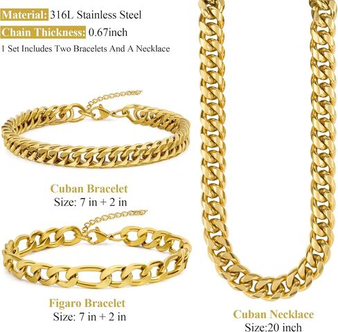 3PCS Cuban Link Figaro Bracelet Necklace for Men, Silver Gold Black Sturdy 316L Stainless Steel Cuban Link Figaro Chain with 2-inch Jewelry Set with Gift Message Card 8mm in Saudi Arabia
