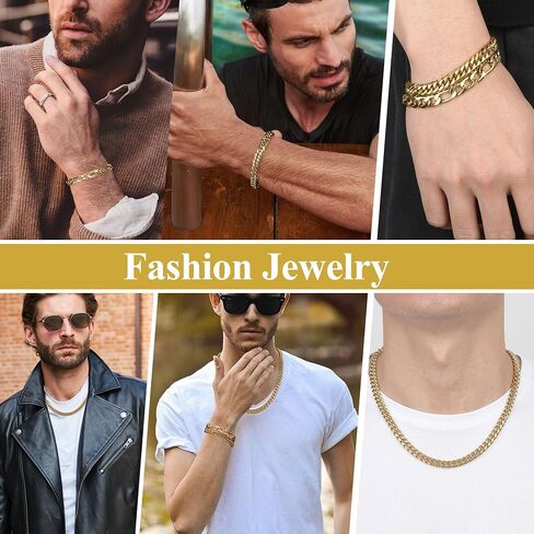 3PCS Cuban Link Figaro Bracelet Necklace for Men, Silver Gold Black Sturdy 316L Stainless Steel Cuban Link Figaro Chain with 2-inch Jewelry Set with Gift Message Card 8mm in Saudi Arabia