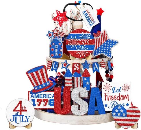 21 Pcs 4th of July Tiered Tray Decor Patriotic Tiered Tray Wooden Decoration Set Rustic Farmhouse Decor for 4th of July Memorial Day Labor Independence Red White Blue Decoration Tiered Tray Decor in Saudi Arabia