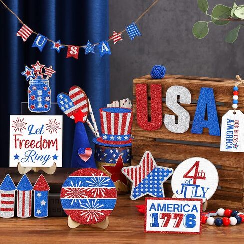 21 Pcs 4th of July Tiered Tray Decor Patriotic Tiered Tray Wooden Decoration Set Rustic Farmhouse Decor for 4th of July Memorial Day Labor Independence Red White Blue Decoration Tiered Tray Decor in Saudi Arabia