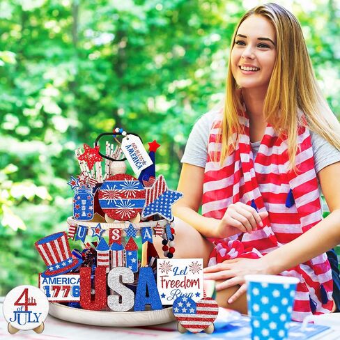 21 Pcs 4th of July Tiered Tray Decor Patriotic Tiered Tray Wooden Decoration Set Rustic Farmhouse Decor for 4th of July Memorial Day Labor Independence Red White Blue Decoration Tiered Tray Decor in Saudi Arabia