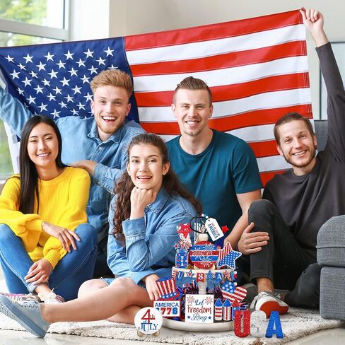 21 Pcs 4th of July Tiered Tray Decor Patriotic Tiered Tray Wooden Decoration Set Rustic Farmhouse Decor for 4th of July Memorial Day Labor Independence Red White Blue Decoration Tiered Tray Decor in Saudi Arabia