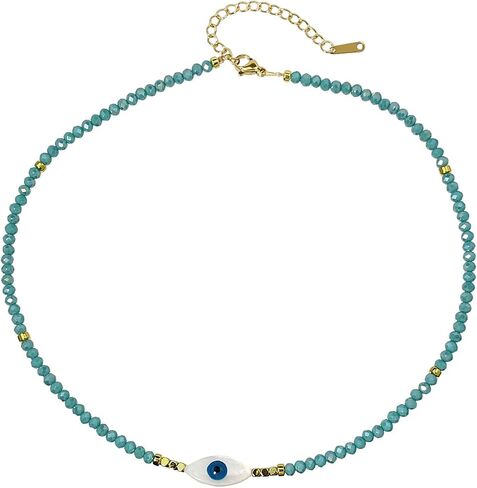 Evil Eye Crystal Y2k Beaded Necklace Retro Handmade Bamboo Knot Rhinestone Beaded Choker Necklace Stainless Steel Clasp Chain for Teen Girls Woman Trendy Aesthetic Indie Jewelry-A evil eye in Saudi Arabia