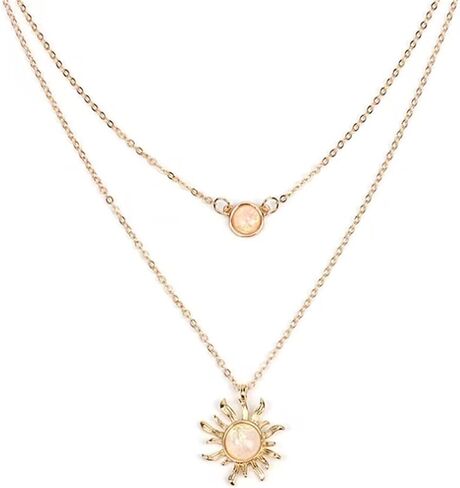 Double Chains Moon and Sun Layered Choker Necklace Gemstones Western Jewelry Gift Gold Silver Plated Sunflower Round Geometric Planet Chain Choker Necklace in Saudi Arabia