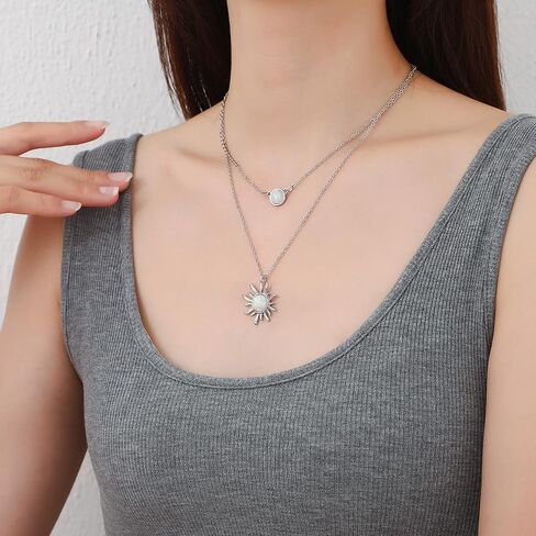 Double Chains Moon and Sun Layered Choker Necklace Gemstones Western Jewelry Gift Gold Silver Plated Sunflower Round Geometric Planet Chain Choker Necklace in Saudi Arabia