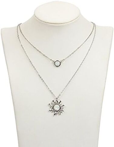Double Chains Moon and Sun Layered Choker Necklace Gemstones Western Jewelry Gift Gold Silver Plated Sunflower Round Geometric Planet Chain Choker Necklace in Saudi Arabia
