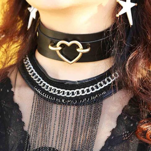 Women Leather Necklaces Choker Girl Heart Punk Rock Adjustable Collar Necklaces in Kuwait