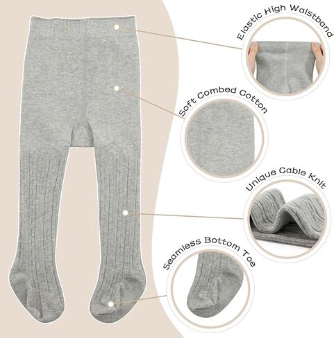 Baby Toddler Girls Cable Knit Tights, Non-Slip Footed Stockings | Cable Knit Texture, Non-Slip Sole Design, Footed Tight Style, Baby Girl Fit, Newborn to Toddler Sizes in Kuwait