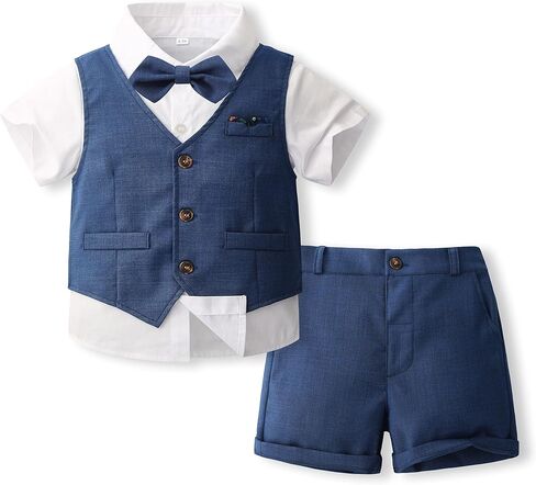 Volunboy Baby Boys Summer Suits Short Sleeve Wedding Ring Bearer Outfits 4Pcs Graduation Dress Vest Shirt Bowtie Shorts Set in Saudi Arabia