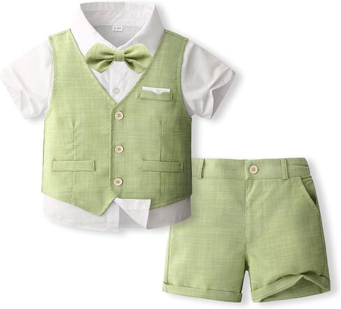 Volunboy Baby Boys Summer Suits Short Sleeve Wedding Ring Bearer Outfits 4Pcs Graduation Dress Vest Shirt Bowtie Shorts Set in Saudi Arabia