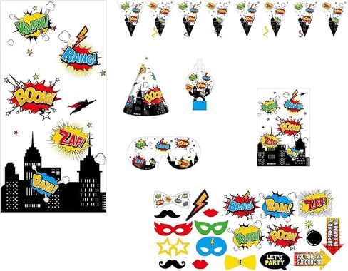 يقدم 30 حزمة كاملة للحفلات ذات طابع البطل الخارق وقبعات حفلات أعياد الميلاد وأقنعة العين وحقائب علاجية 20 قطعة من صور الدعائم DIY و14 دوامة و2 لافتة راية خلفية مثالية لحفلة عيد ميلاد البطل الخارق in Kuwait