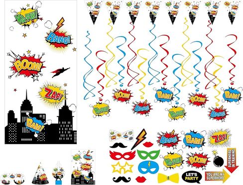يقدم 30 حزمة كاملة للحفلات ذات طابع البطل الخارق وقبعات حفلات أعياد الميلاد وأقنعة العين وحقائب علاجية 20 قطعة من صور الدعائم DIY و14 دوامة و2 لافتة راية خلفية مثالية لحفلة عيد ميلاد البطل الخارق in Kuwait