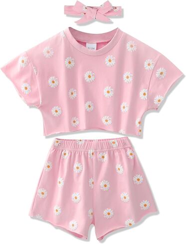 WESIDOM Toddler Girl Clothes Summer Outfit 3Pcs Short Set Headband 6M-6Y | Toddler Girl Clothes 12 Month Girl Clothes Toddler Girls Summer Outfit Set Daily Playwear 3 Pcs Baby Clothing in Saudi Arabia