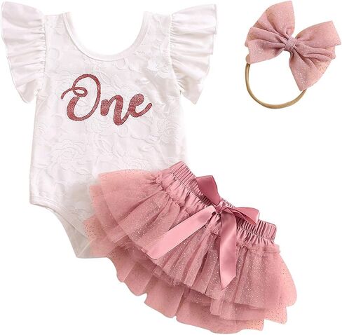 Baby Girls My 1st Birthday Outfits Long Sleeve Floral Lace Romper + Tutu Skirt + Headband Set in Saudi Arabia